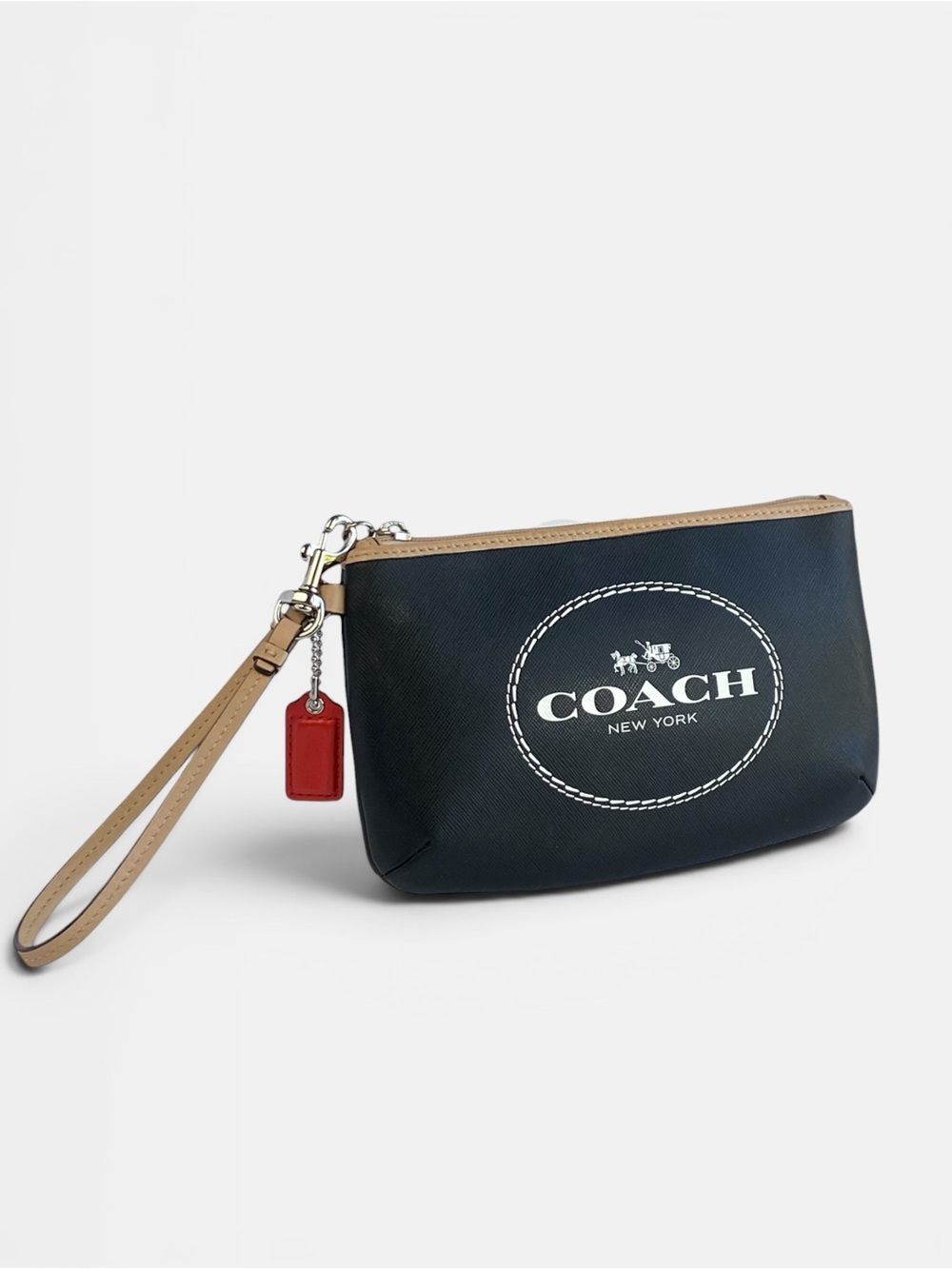 Coach Large Black Leather Wristlet with Tan Trim- fits most cell phones
